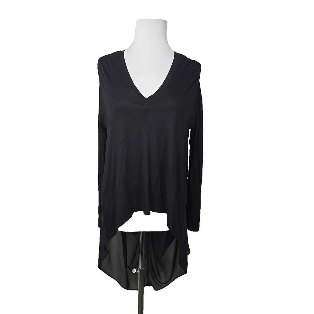 BCBGMAXAZRIA Black Jersey Chiffon Contrast V-Neck Flowy Tunic Blouse Size XS